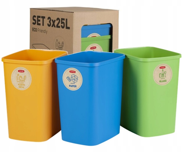 Набор ведер для мусора 3х25л ECO Friendly CURVER 249842 желтый, синий, зеленый  фото в интернет-магазине meandhome.ru