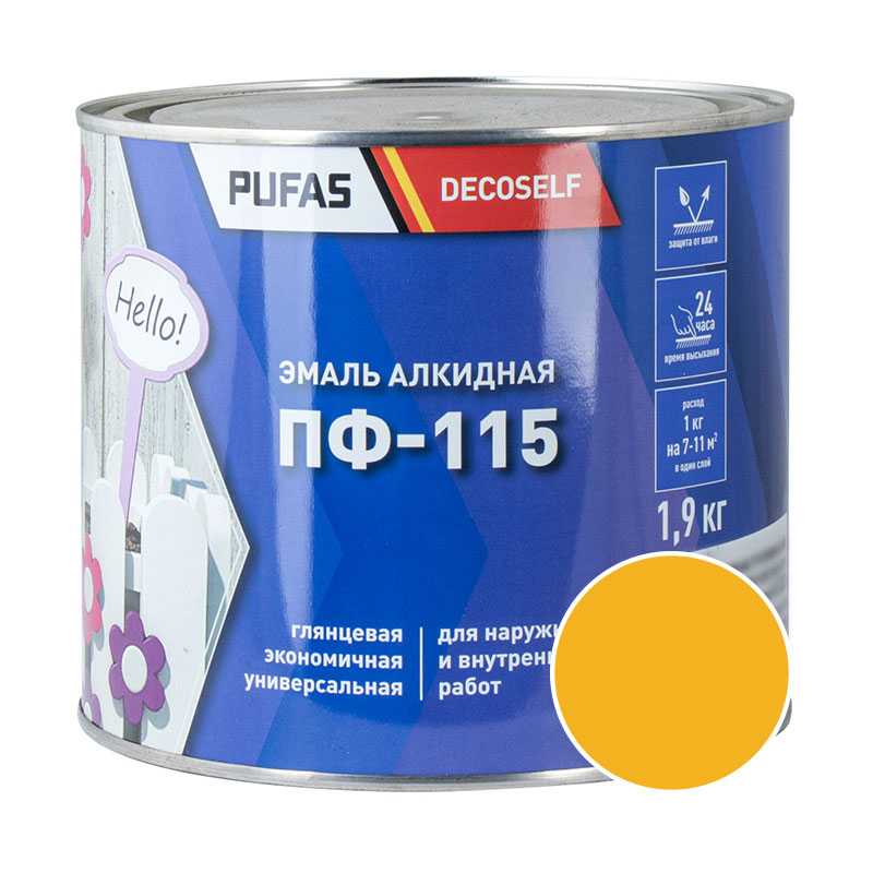 Эмаль ПФ-115 PUFAS Decoself 1,4л / 1,9кг желтая 200171 фото в интернет-магазине meandhome.ru